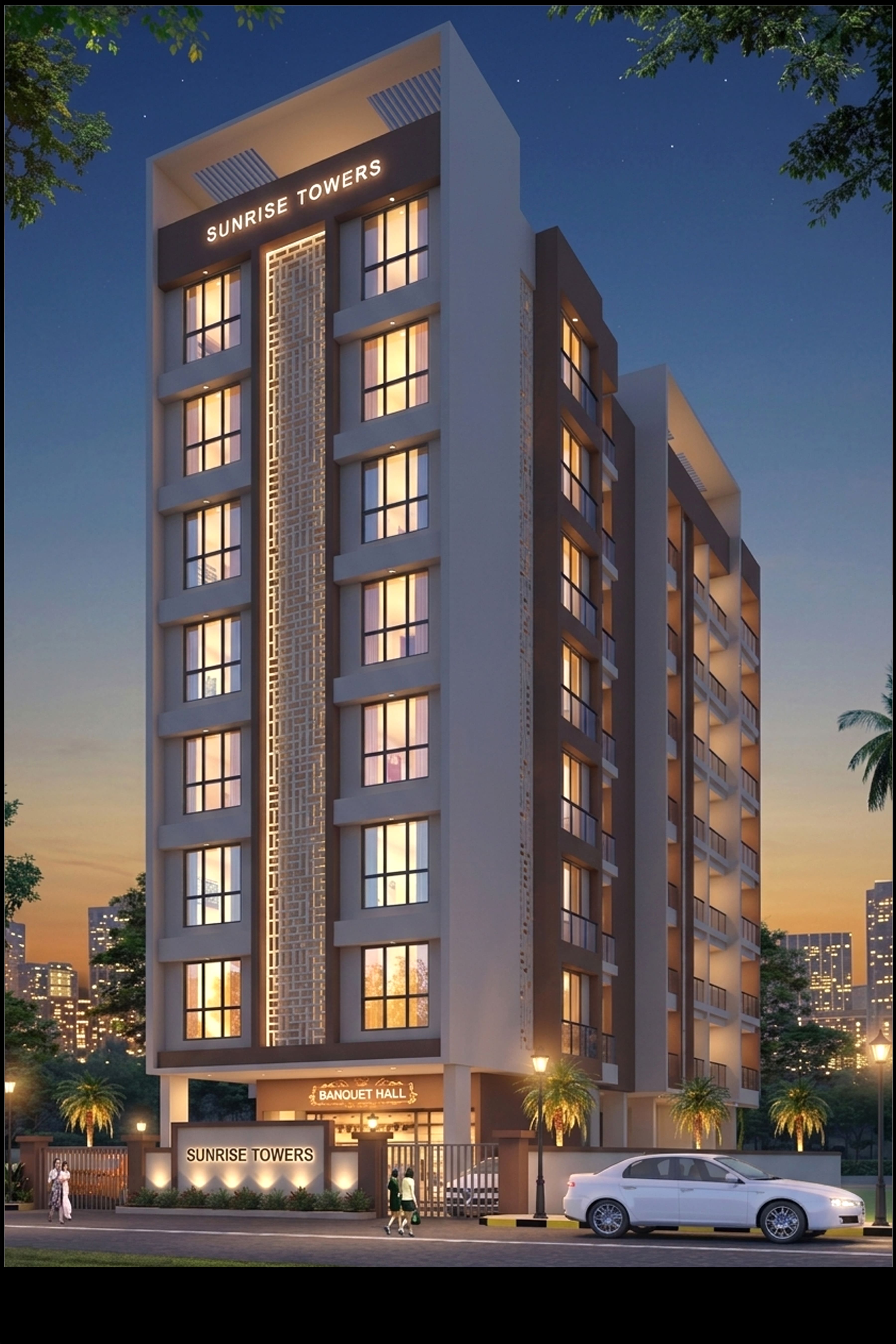 Sunrise Towers illuminated evening elevation